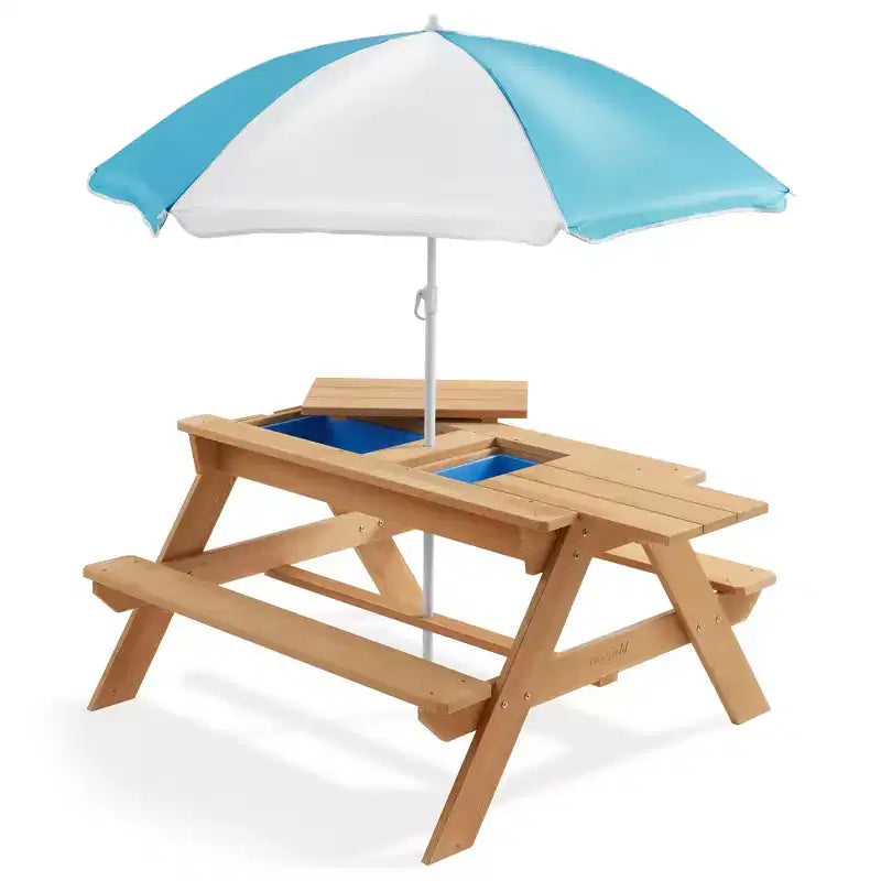 Casafield Table d'activites sable et eau pour enfants, table de pique-nique d'extérieur en bois 3-en-1 avec parasol, 2 bacs de jeu et couvercle amovible, naturel