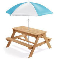 Casafield Table d'activites sable et eau pour enfants, table de pique-nique d'extérieur en bois 3-en-1 avec parasol, 2 bacs de jeu et couvercle amovible, naturel