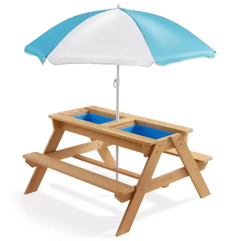 Casafield Table d'activites sable et eau pour enfants, table de pique-nique d'extérieur en bois 3-en-1 avec parasol, 2 bacs de jeu et couvercle amovible, naturel