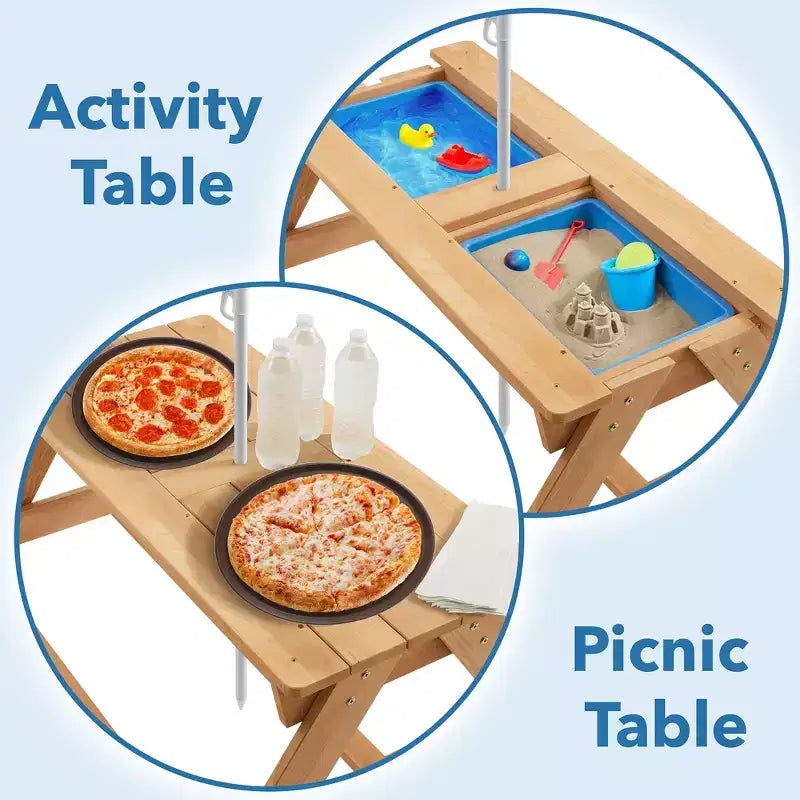 Casafield Table d'activites sable et eau pour enfants, table de pique-nique d'extérieur en bois 3-en-1 avec parasol, 2 bacs de jeu et couvercle amovible, naturel