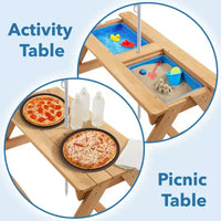 Casafield Table d'activites sable et eau pour enfants, table de pique-nique d'extérieur en bois 3-en-1 avec parasol, 2 bacs de jeu et couvercle amovible, naturel