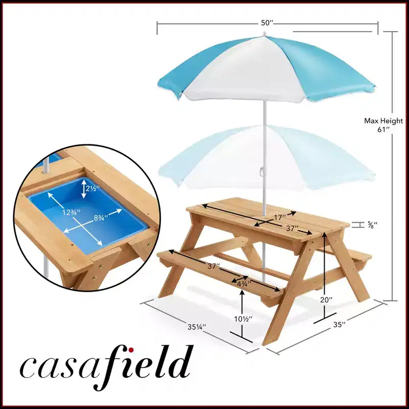 Casafield Table d'activites sable et eau pour enfants, table de pique-nique d'extérieur en bois 3-en-1 avec parasol, 2 bacs de jeu et couvercle amovible, naturel