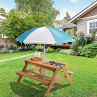 Casafield Table d'activites sable et eau pour enfants, table de pique-nique d'extérieur en bois 3-en-1 avec parasol, 2 bacs de jeu et couvercle amovible, naturel
