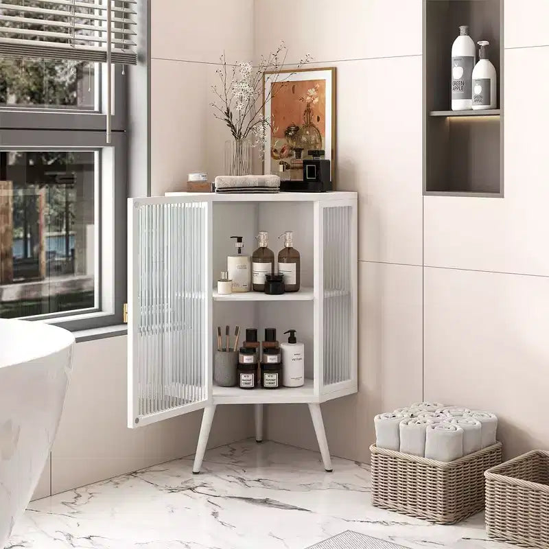 Meuble d'angle sur pied 22,25 pouces avec porte en verre trempé et étagère réglable pour salle de bain, salon, chambre