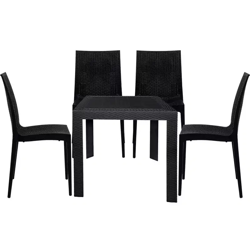 LeisureMod Mace 5-Piece Mid-Century Modern Outdoor Bistro Set - White Round Table with 4 Stackable Chairs