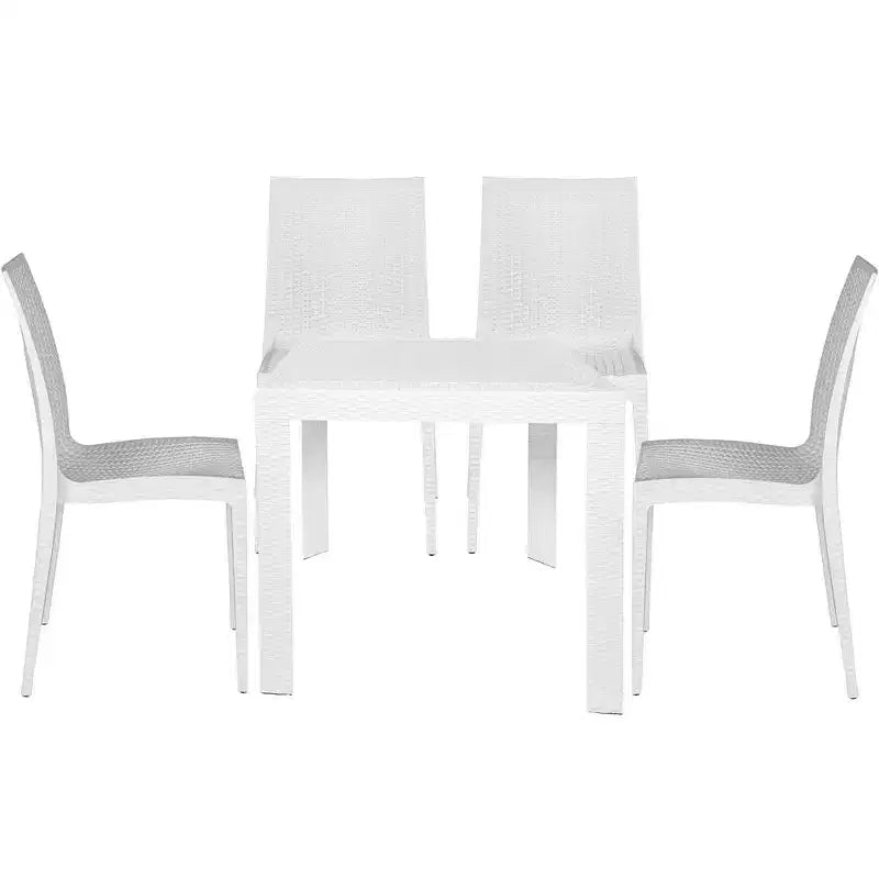 LeisureMod Mace Ensemble bistro d'extérieur 5 pièces style mid-century moderne - Table ronde blanche avec 4 chaises empilables