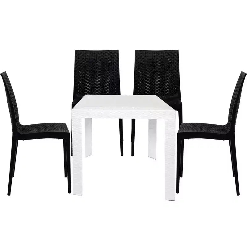 LeisureMod Mace Ensemble bistro d'extérieur 5 pièces style mid-century moderne - Table ronde blanche avec 4 chaises empilables