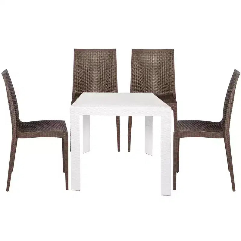 LeisureMod Mace Ensemble bistro d'extérieur 5 pièces style mid-century moderne - Table ronde blanche avec 4 chaises empilables