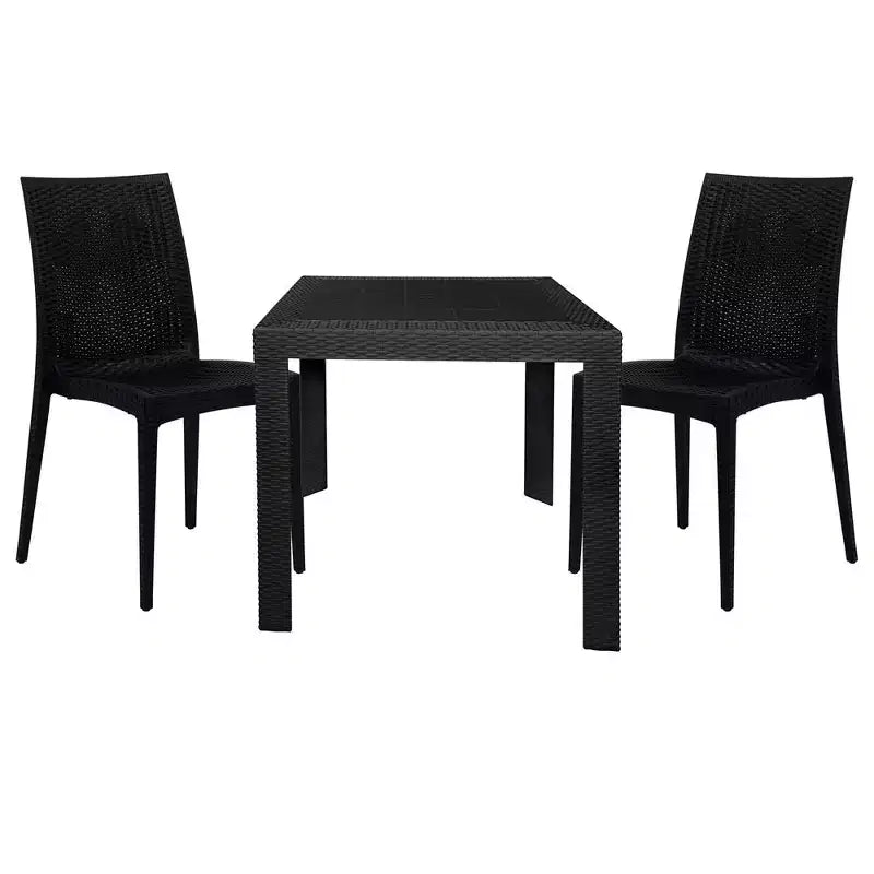 LeisureMod Mace 3-Piece Mid-Century Modern Outdoor Bistro Set - White Round Table with 2 Stackable Chairs