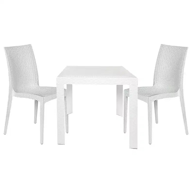 LeisureMod Mace Ensemble de Bistro d'Extérieur Moderne du Milieu du Siècle 3 Pièces - Table Ronde Blanche avec 2 Chaises Empilables