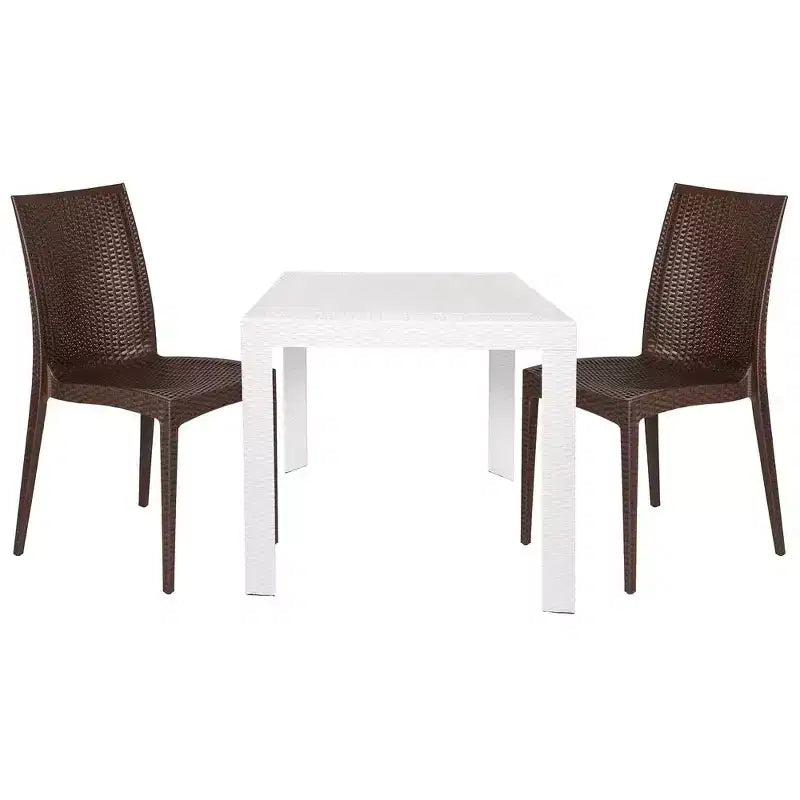LeisureMod Mace Ensemble de Bistro d'Extérieur Moderne du Milieu du Siècle 3 Pièces - Table Ronde Blanche avec 2 Chaises Empilables