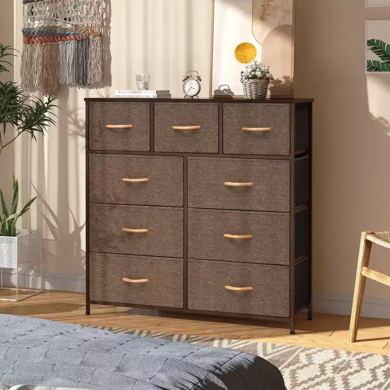 Crestlive Products Commode à 9 tiroirs en tissu extra large pour chambre à coucher, tour de rangement de vêtements avec cadre en acier robuste, plateau en bois, tiroirs faciles à tirer, poignées en bois