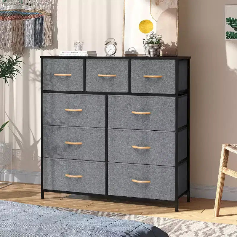 Crestlive Products Commode à 9 tiroirs en tissu extra large pour chambre à coucher, tour de rangement de vêtements avec cadre en acier robuste, plateau en bois, tiroirs faciles à tirer, poignées en bois