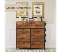 Commode de Rangement à 10 Tiroirs en Tissu avec Cadre en Acier, Plateau en Bois et Poches Latérales Marron Rustique