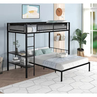 Lit superposé en métal une place et demi avec étagères et panneau grillagé / Cadre de lit robuste en métal, transformable en lit double