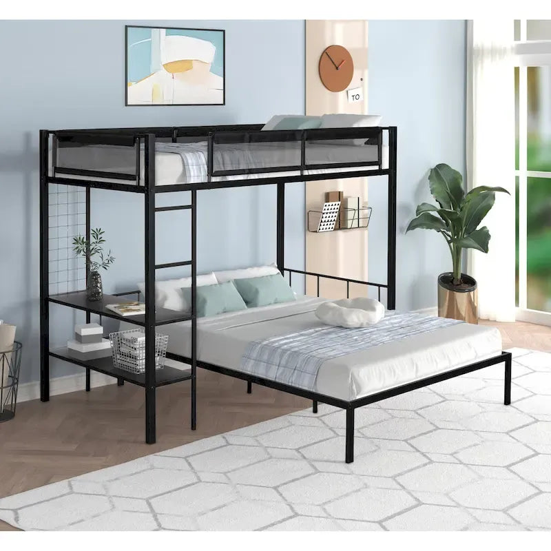 Lit superposé en métal une place et demi avec étagères et panneau grillagé / Cadre de lit robuste en métal, transformable en lit double