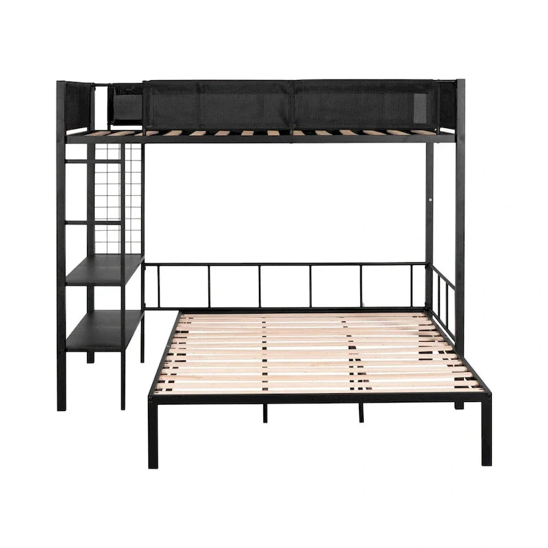 Lit superposé en métal une place et demi avec étagères et panneau grillagé / Cadre de lit robuste en métal, transformable en lit double