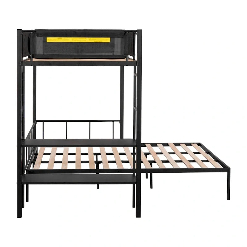Lit superposé en métal une place et demi avec étagères et panneau grillagé / Cadre de lit robuste en métal, transformable en lit double