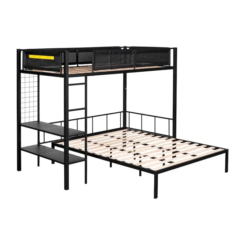 Lit superposé en métal une place et demi avec étagères et panneau grillagé / Cadre de lit robuste en métal, transformable en lit double