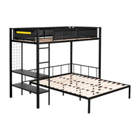 Lit superposé en métal une place et demi avec étagères et panneau grillagé / Cadre de lit robuste en métal, transformable en lit double