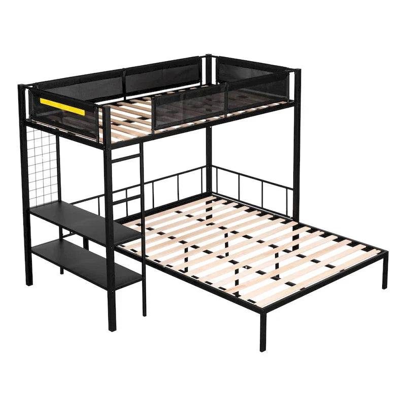 Lit superposé en métal une place et demi avec étagères et panneau grillagé / Cadre de lit robuste en métal, transformable en lit double