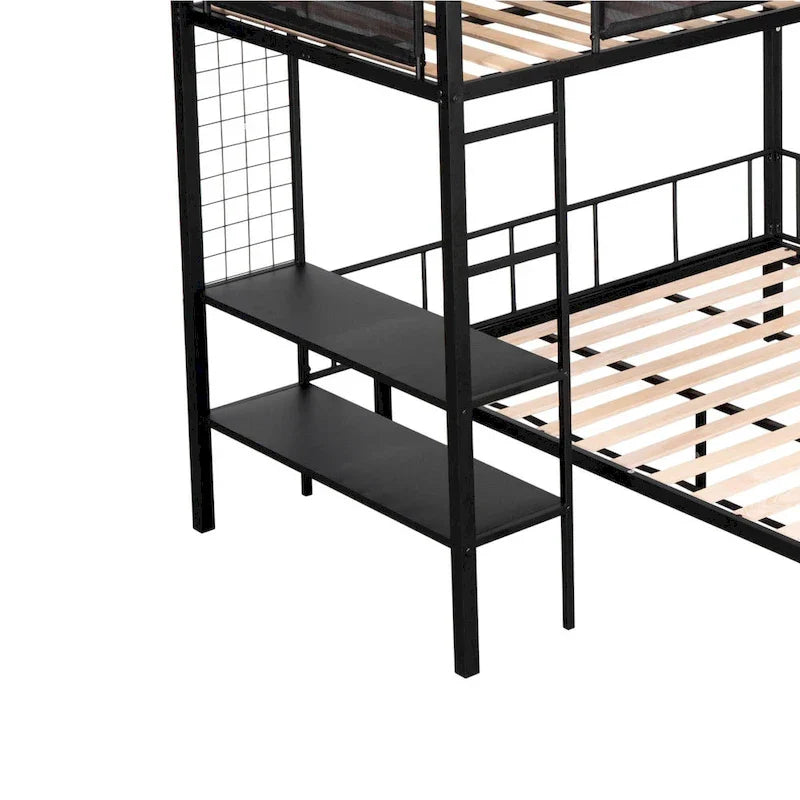 Lit superposé en métal une place et demi avec étagères et panneau grillagé / Cadre de lit robuste en métal, transformable en lit double