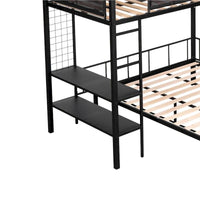 Lit superposé en métal une place et demi avec étagères et panneau grillagé / Cadre de lit robuste en métal, transformable en lit double