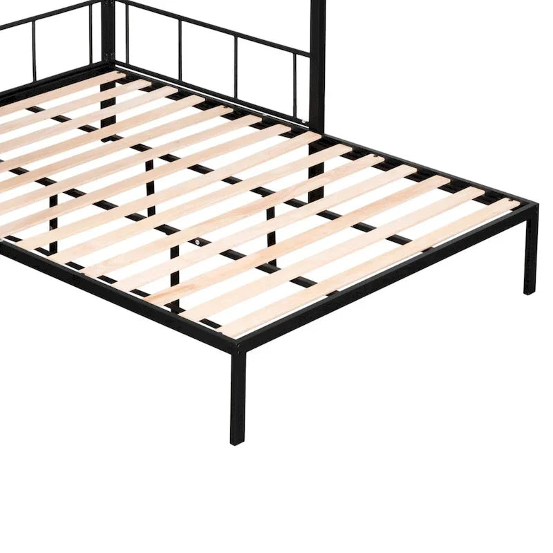 Lit superposé en métal une place et demi avec étagères et panneau grillagé / Cadre de lit robuste en métal, transformable en lit double