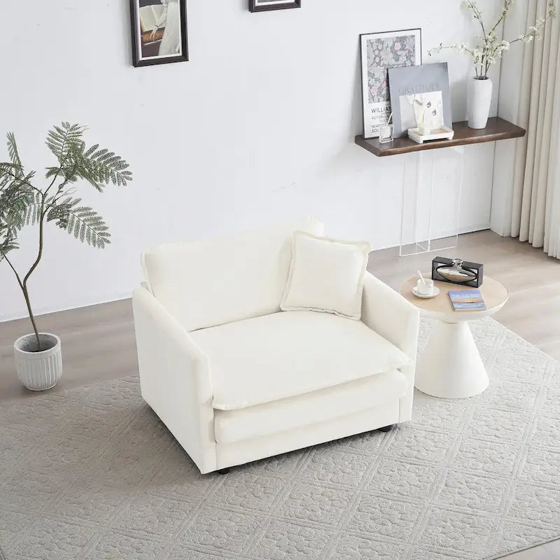 Fauteuil de lecture rembourré canapé simple et profond, chaise de salon en tissu chenille blanc, 1 coussin décoratif