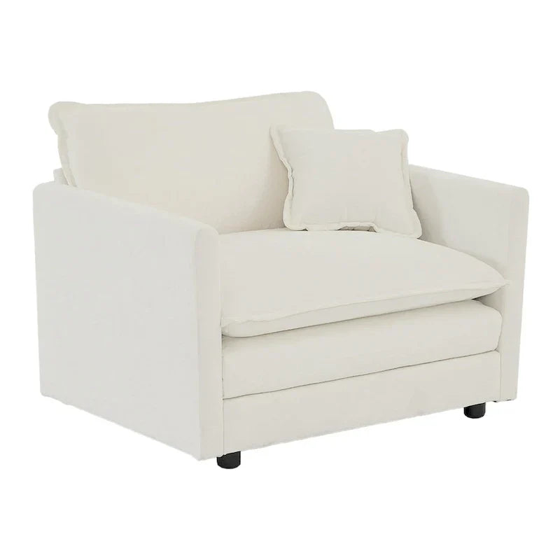 Fauteuil de lecture rembourré canapé simple et profond, chaise de salon en tissu chenille blanc, 1 coussin décoratif