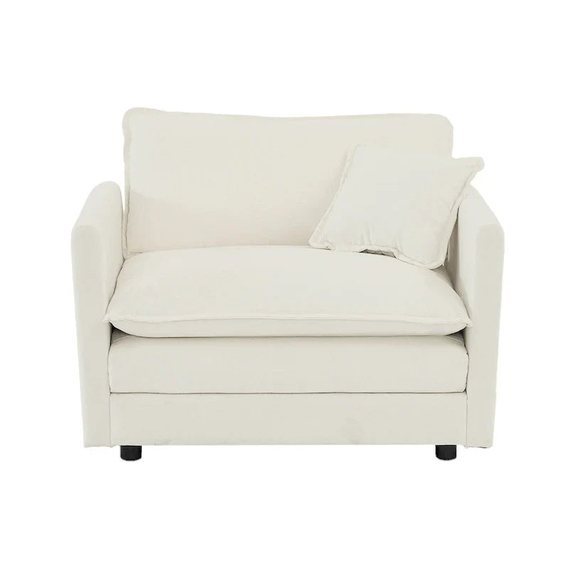 Fauteuil de lecture rembourré canapé simple et profond, chaise de salon en tissu chenille blanc, 1 coussin décoratif
