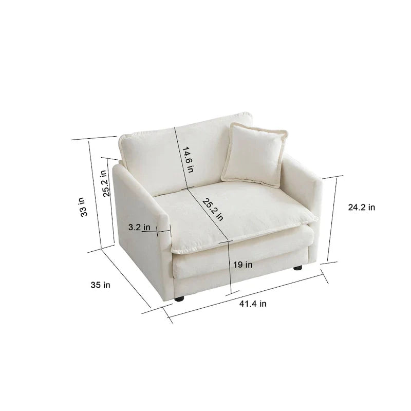Fauteuil de lecture rembourré canapé simple et profond, chaise de salon en tissu chenille blanc, 1 coussin décoratif