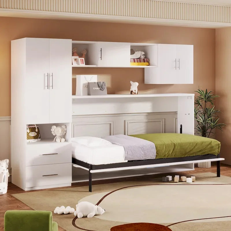 Lit escamotable double avec étagères ouvertes et tiroirs de rangement, armoire intégrée et table, blanc