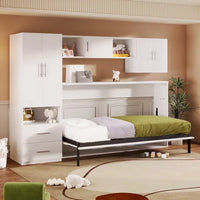 Lit escamotable double avec étagères ouvertes et tiroirs de rangement, armoire intégrée et table, blanc