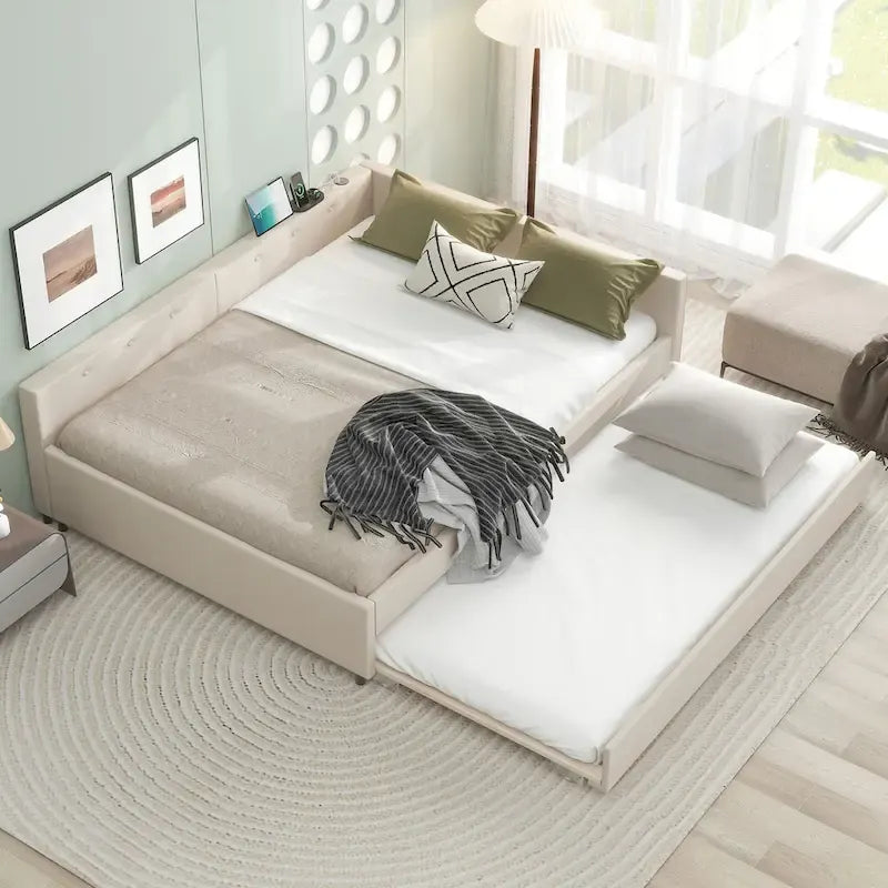 Lit plateforme rembourré Queen Size avec USB et lit gigogne double, Beige