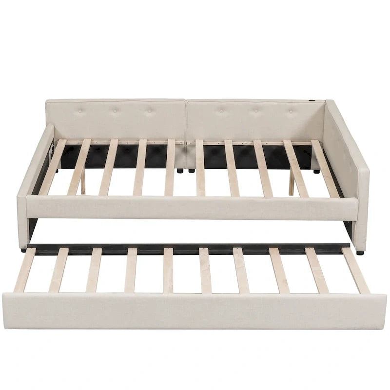 Lit plateforme rembourré Queen Size avec USB et lit gigogne double, Beige