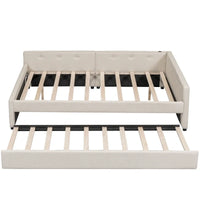 Lit plateforme rembourré Queen Size avec USB et lit gigogne double, Beige