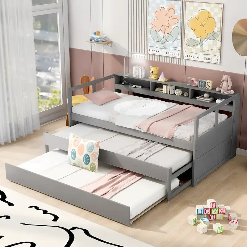 Lit de jour en bois Twin XL avec 2 lits gigognes, 3 cubbies de rangement, 1 éclairage offert et design de charge USB, gris