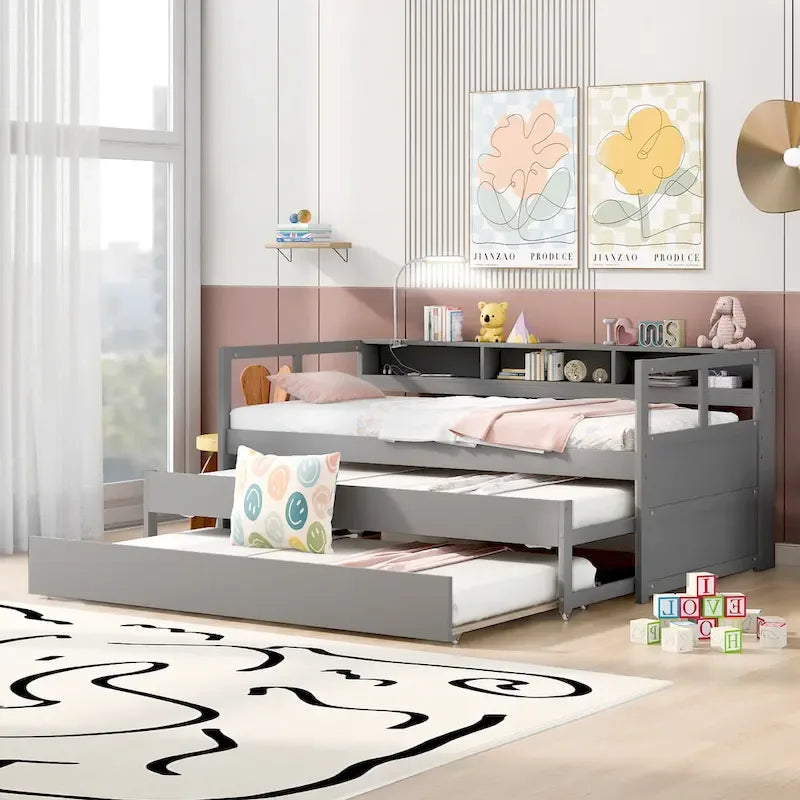 Lit de jour en bois Twin XL avec 2 lits gigognes, 3 cubbies de rangement, 1 éclairage offert et design de charge USB, gris