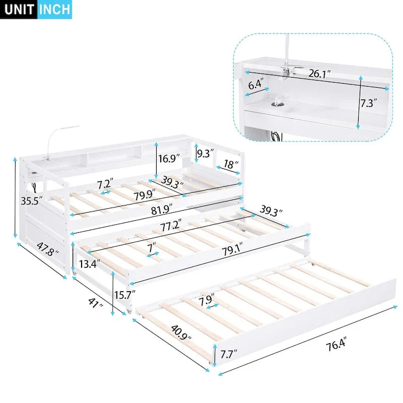 Lit de jour en bois Twin XL avec 2 lits gigognes, 3 cubbies de rangement, 1 éclairage offert et design de charge USB, gris