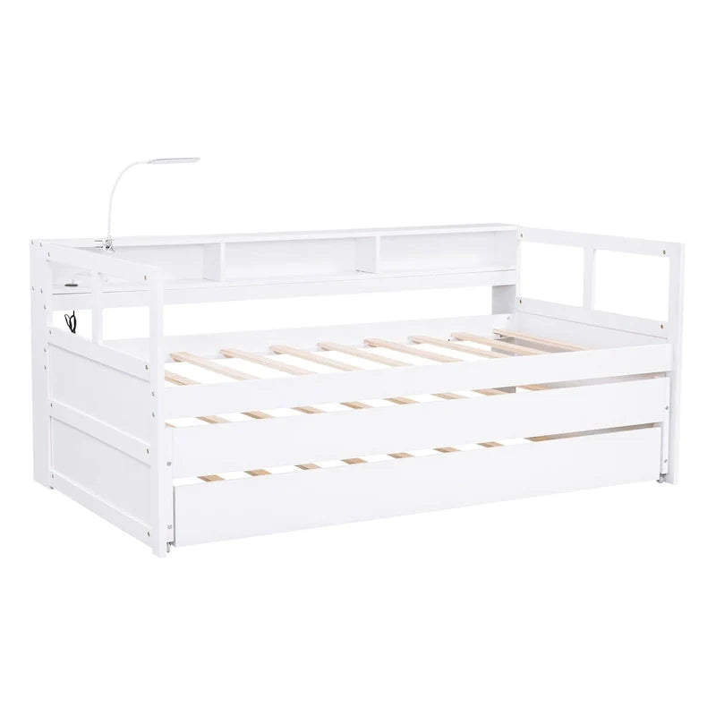 Lit de jour en bois Twin XL avec 2 lits gigognes, 3 cubbies de rangement, 1 éclairage offert et design de charge USB, gris