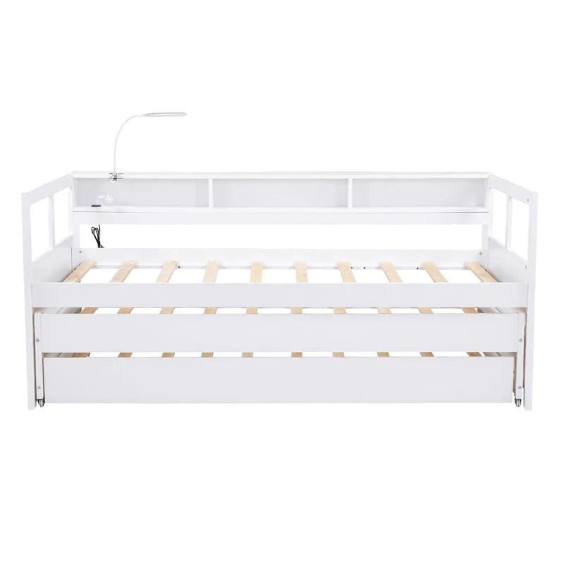 Lit de jour en bois Twin XL avec 2 lits gigognes, 3 cubbies de rangement, 1 éclairage offert et design de charge USB, gris