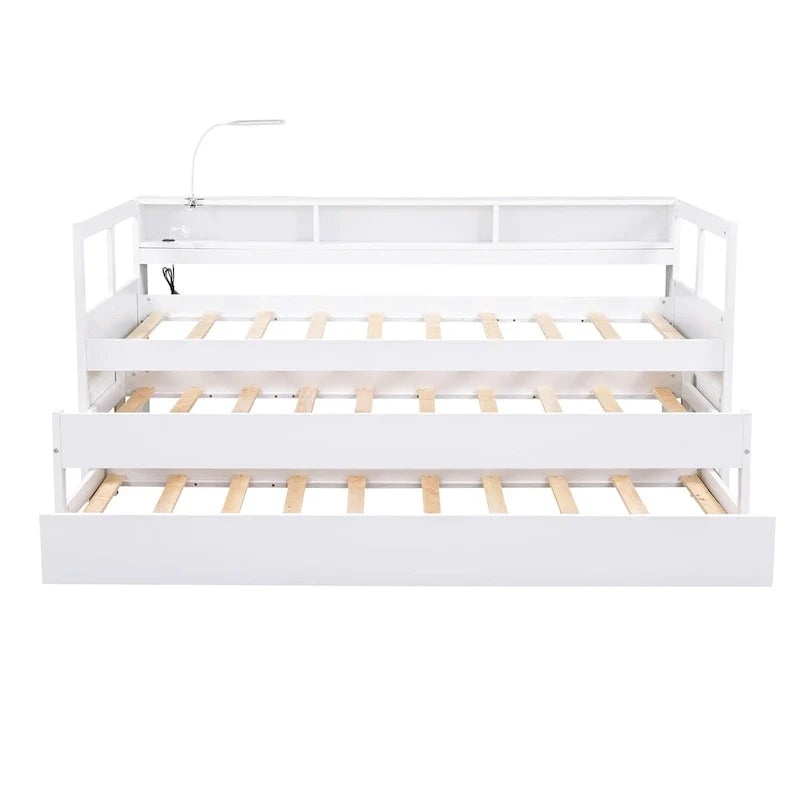 Lit de jour en bois Twin XL avec 2 lits gigognes, 3 cubbies de rangement, 1 éclairage offert et design de charge USB, gris