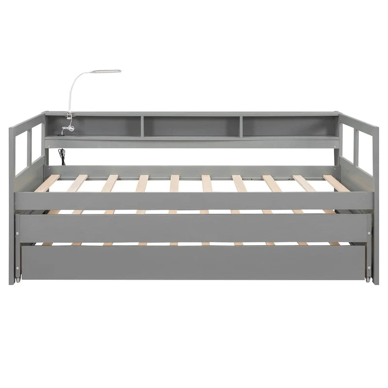 Lit de repos en bois Twin XL avec 2 lits gigognes, 3 compartiments de rangement, 1 lampe gratuite et design de chargement USB, Gris