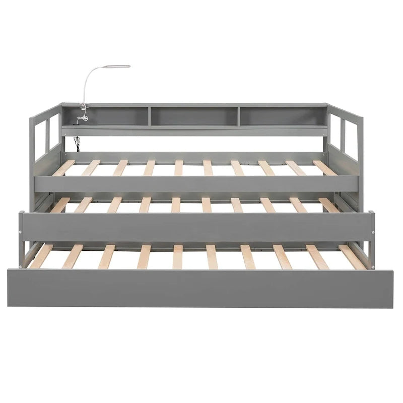 Lit de jour en bois Twin XL avec 2 lits gigognes, 3 cubbies de rangement, 1 éclairage offert et design de charge USB, gris