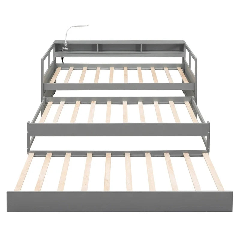 Lit de jour en bois Twin XL avec 2 lits gigognes, 3 cubbies de rangement, 1 éclairage offert et design de charge USB, gris