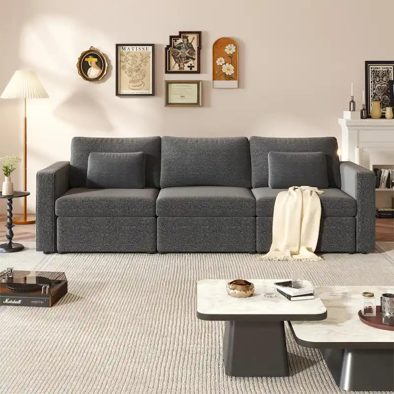 Canapé Sectionnel Moderne en Lin et Coton Forme L, Canapé Sectionnel Rembourré Surdimensionné, Méridienne avec Poufs de Rangement pour Salon