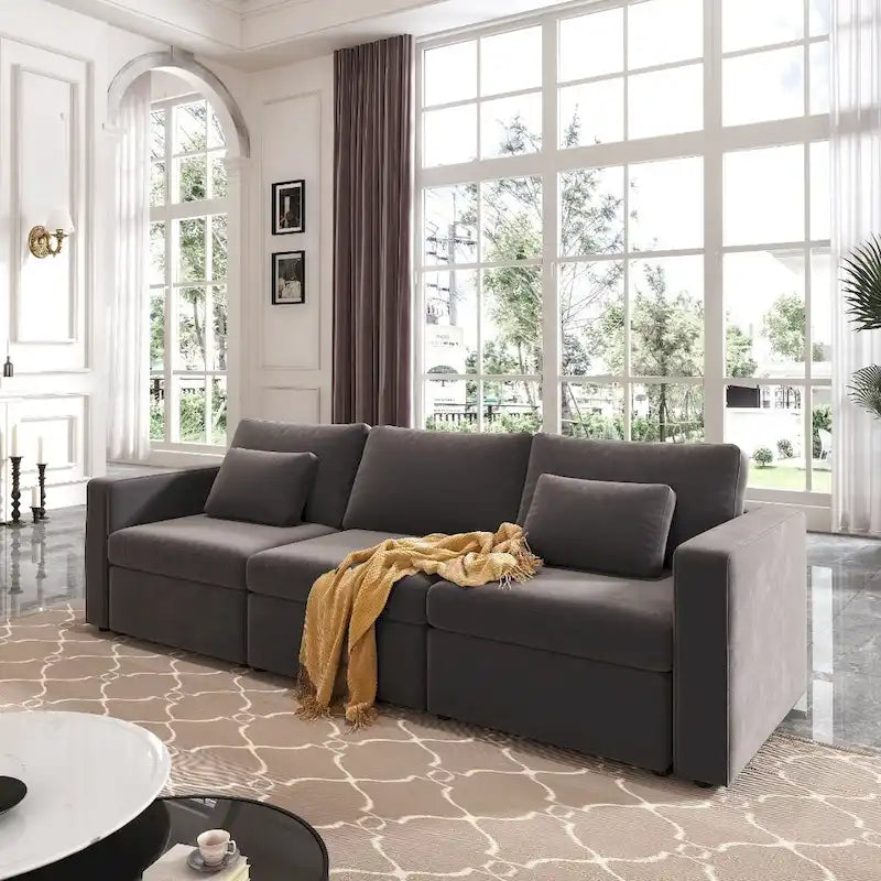 Canapé Sectionnel Moderne en Lin et Coton Forme L, Canapé Sectionnel Rembourré Surdimensionné, Méridienne avec Poufs de Rangement pour Salon