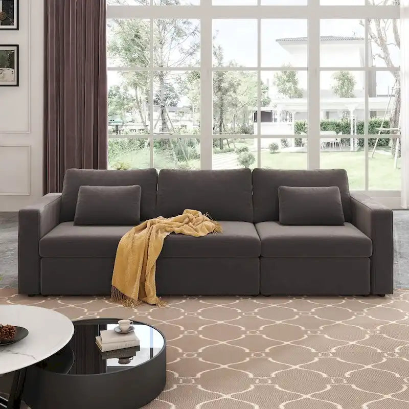 Canapé Sectionnel Moderne en Lin et Coton Forme L, Canapé Sectionnel Rembourré Surdimensionné, Méridienne avec Poufs de Rangement pour Salon