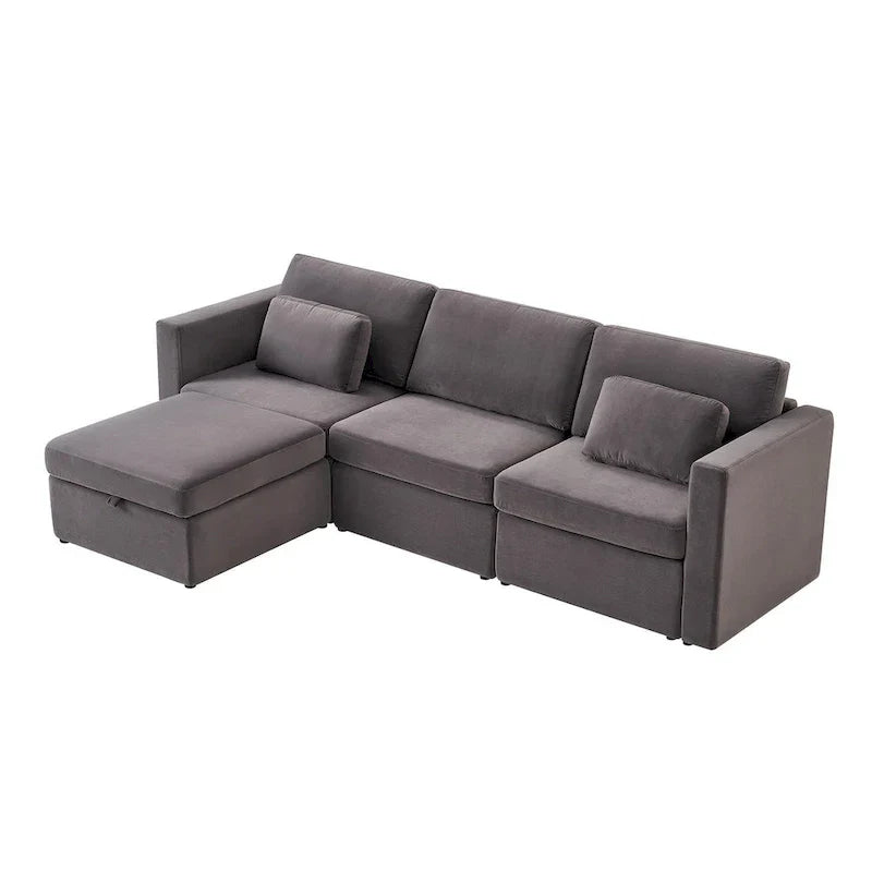 Canapé Sectionnel Moderne en Lin et Coton Forme L, Canapé Sectionnel Rembourré Surdimensionné, Méridienne avec Poufs de Rangement pour Salon